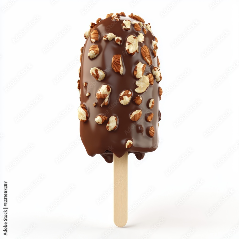 Fototapeta premium Chocolate-covered vanilla ice cream stick with crunchy nuts, isolated on a clean white background