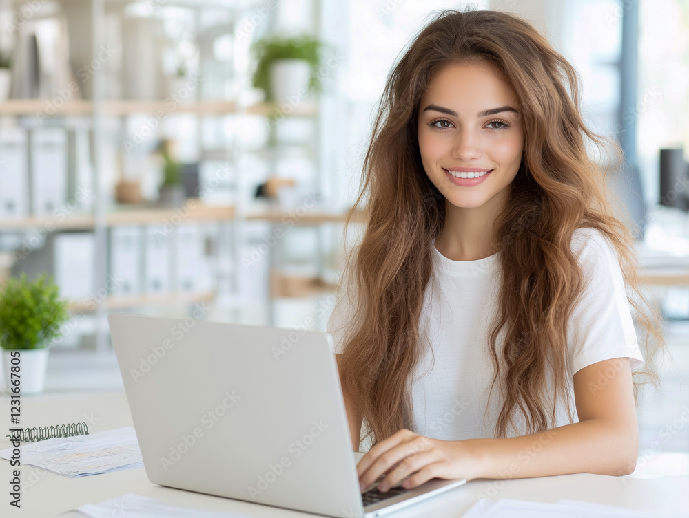 Busy young business woman executive using laptop in office. Smiling Hispanic businesswoman company employee sitting at work desk, professional female hr manager looking at pc computer at workplace Busy young business woman executive using laptop in office. Smiling Hispanic businesswoman company employee sitting at work desk, professional female hr manager looking at pc computer at workplace