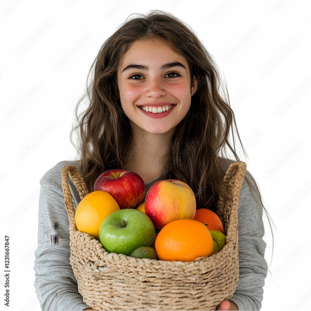 A young woman with a cheerful smile, holding a woven bag filled with fresh fruits like apples and oranges, set against a white backdrop A young woman with a cheerful smile, holding a woven bag filled with fresh fruits like apples and oranges, set against a white backdrop