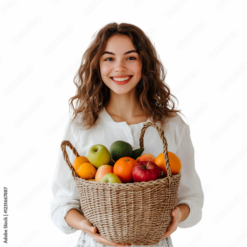 A young woman with a cheerful smile, holding a woven bag filled with fresh fruits like apples and oranges, set against a white backdrop A young woman with a cheerful smile, holding a woven bag filled with fresh fruits like apples and oranges, set against a white backdrop