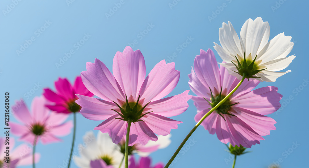 Cosmos Flowers Blooming Under a Clear Blue Sky A Stunning Floral Display Cosmos Flowers Blooming Under a Clear Blue Sky A Stunning Floral Display