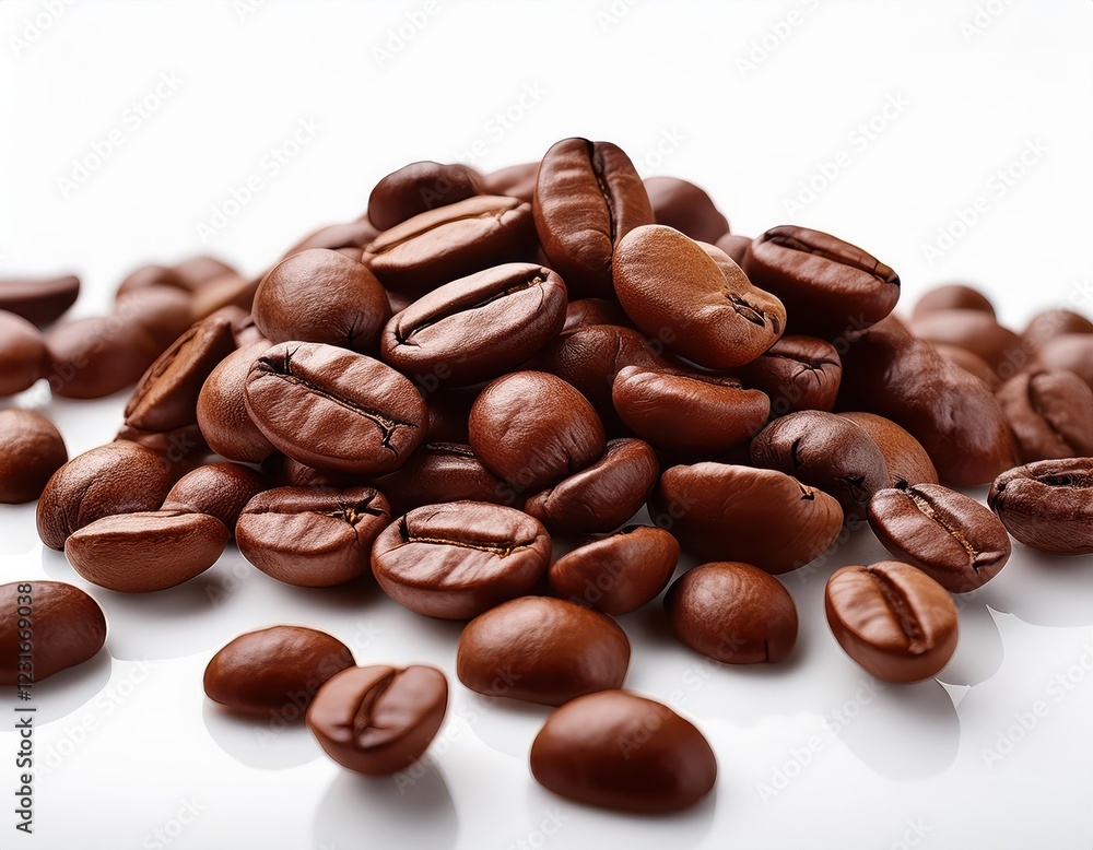 Freshly roasted coffee beans arranged on a reflective surface showcasing rich textures and colors Freshly roasted coffee beans arranged on a reflective surface showcasing rich textures and colors