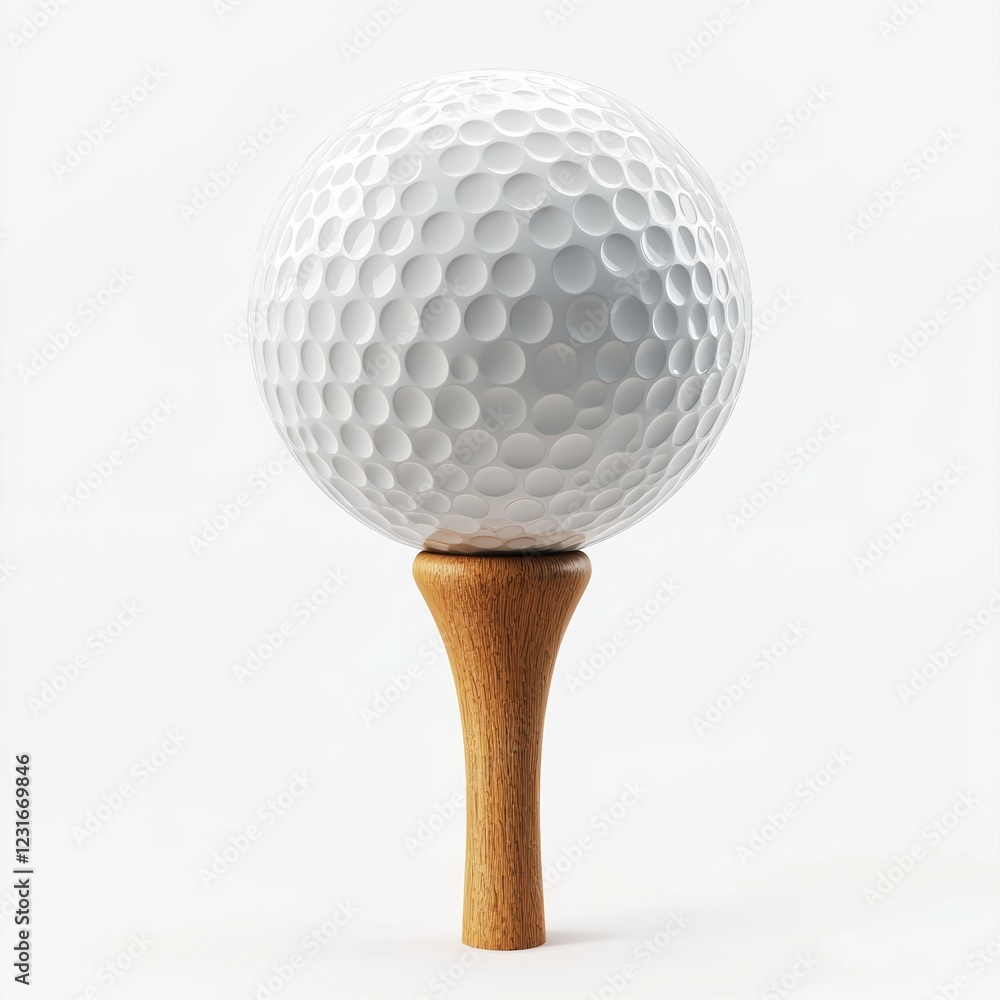 Golf ball resting on a wooden tee, ready for a swing, placed on a bright white background Golf ball resting on a wooden tee, ready for a swing, placed on a bright white background