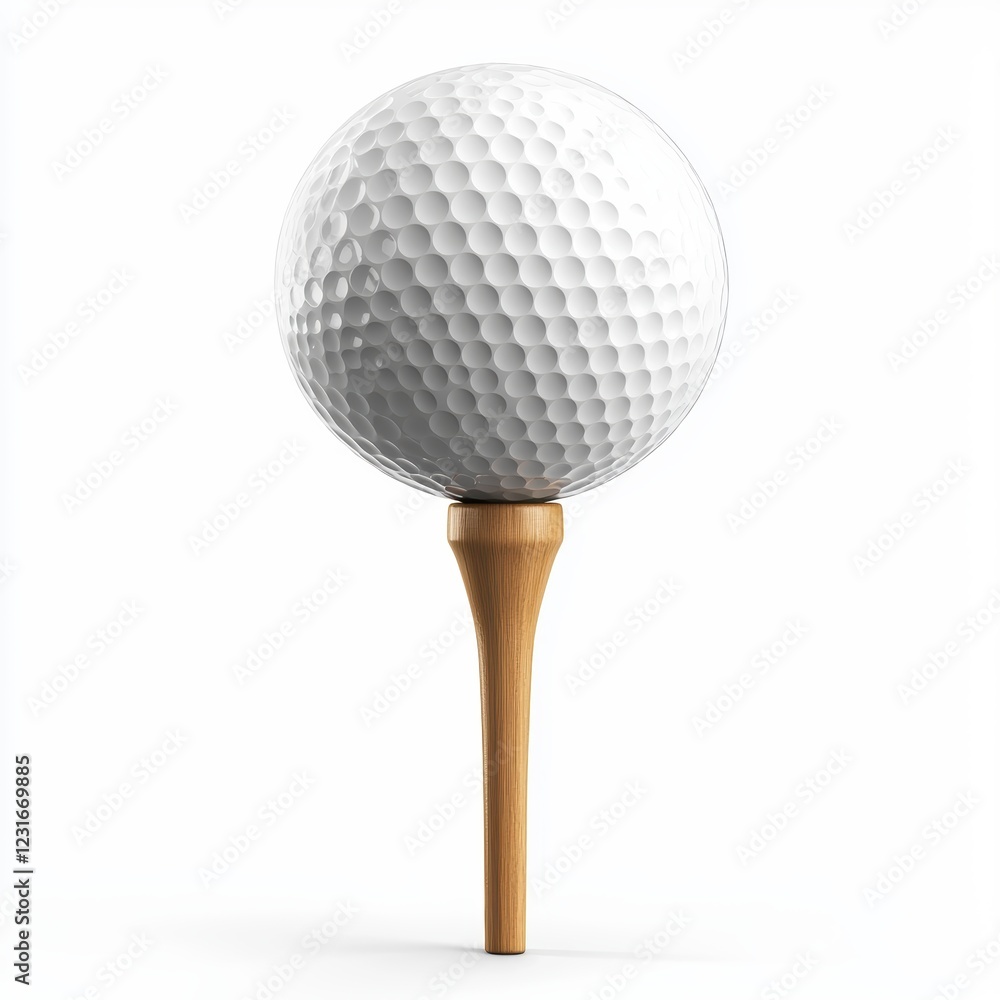 Golf ball resting on a wooden tee, ready for a swing, placed on a bright white background Golf ball resting on a wooden tee, ready for a swing, placed on a bright white background