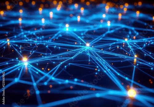 Abstract network connection visual with glowing nodes and intricate lines, representing technology and digital connectivity in a modern landscape
