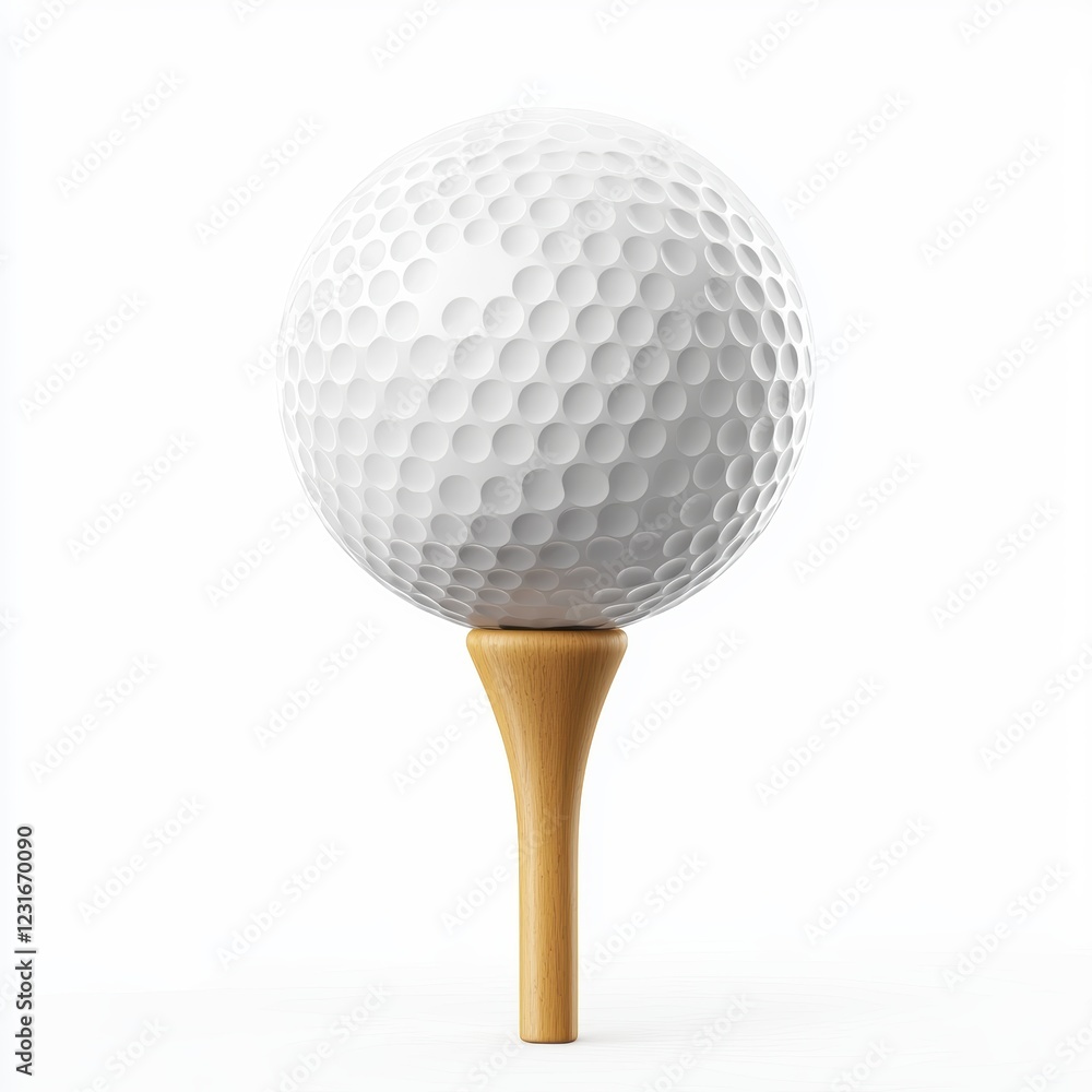 Golf ball resting on a wooden tee, ready for a swing, placed on a bright white background Golf ball resting on a wooden tee, ready for a swing, placed on a bright white background