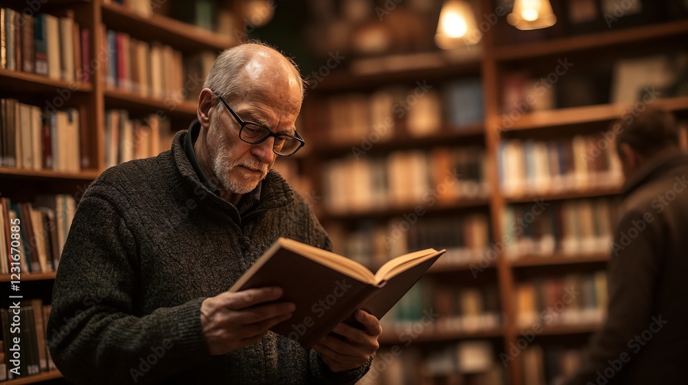 Senior man reading in cozy library setting. Perfect for lifelong learning and intellectual pursuit content.
