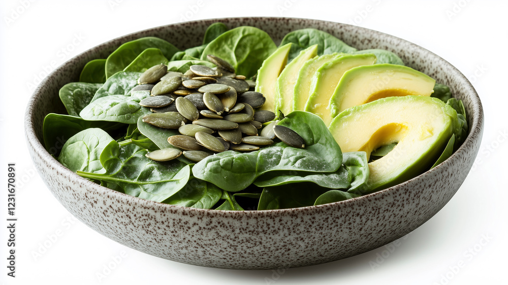 Modern close-up of spinach salad with avocado, pumpkin seeds, and lemon vinaigrette on white. Modern close-up of spinach salad with avocado, pumpkin seeds, and lemon vinaigrette on white.