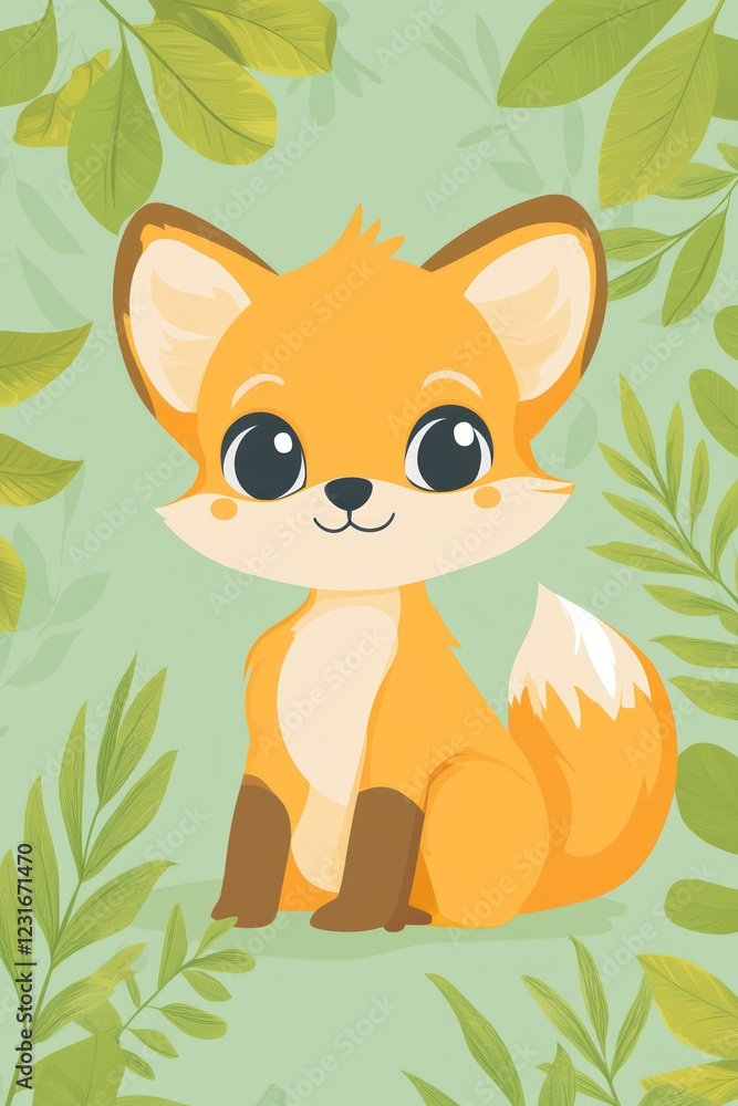 Fototapeta premium Cute fox sitting amidst green leaves; nature background; children's book illustration
