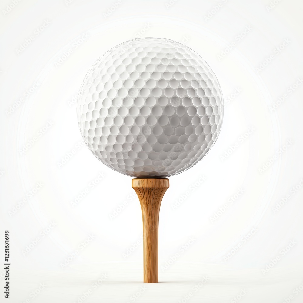 Golf ball resting on a wooden tee, ready for a swing, placed on a bright white background Golf ball resting on a wooden tee, ready for a swing, placed on a bright white background