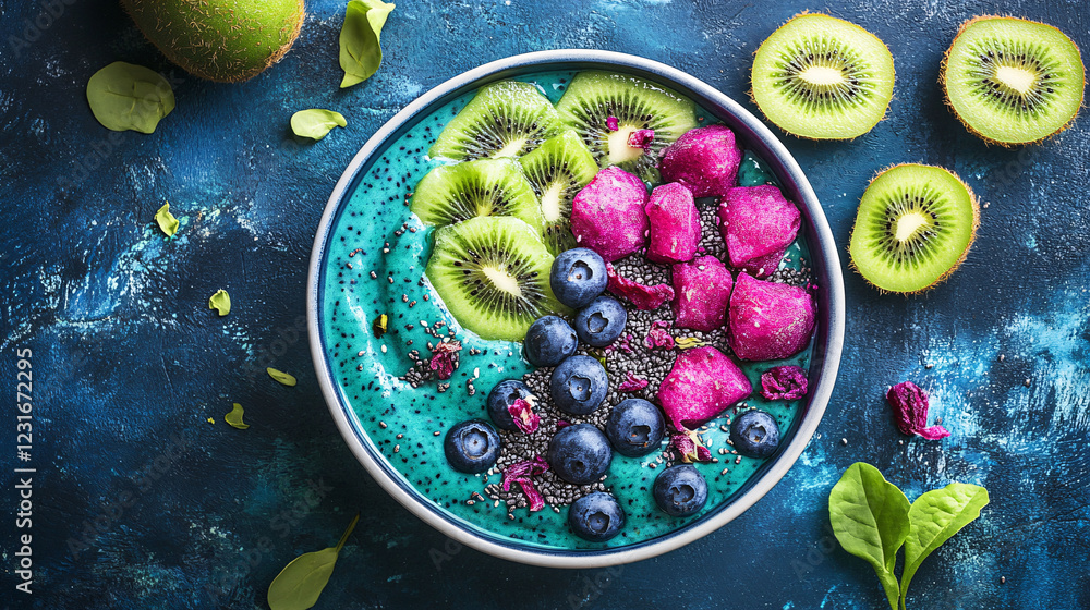 Vegan smoothie bowl topped with blueberries fruits and spirulina served in a white bowl on a wooden surface Vegan smoothie bowl topped with blueberries fruits and spirulina served in a white bowl on a wooden surface