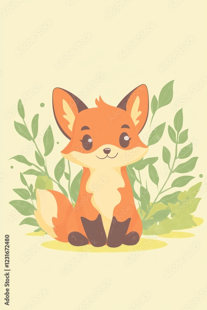 Obraz premium Cute fox sitting amidst leaves; nature background, ideal for children's books