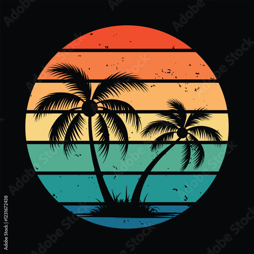 Retro Tropical Palm Trees Silhouette with Sunset Stripes Vector Illustration