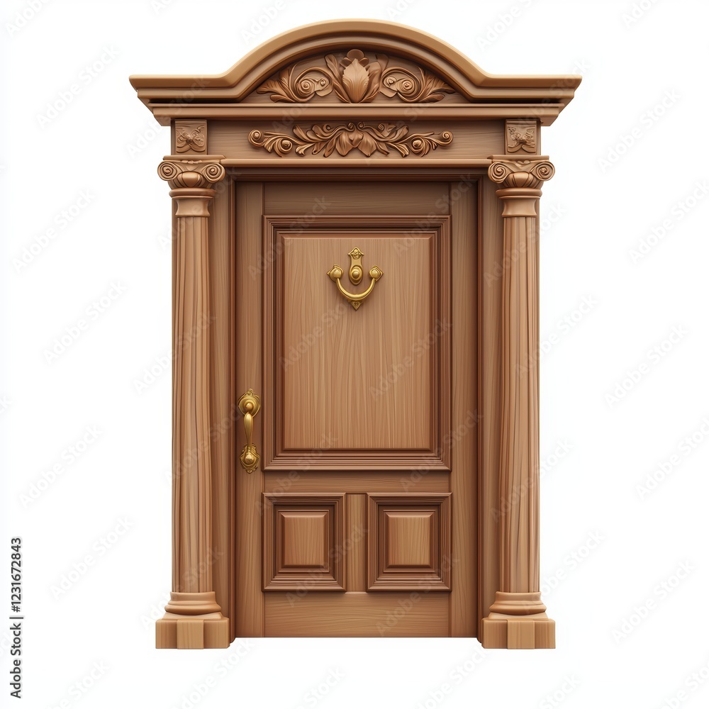 classic wooden door with a golden handle and intricate carvings, isolated on a clean white background classic wooden door with a golden handle and intricate carvings, isolated on a clean white background