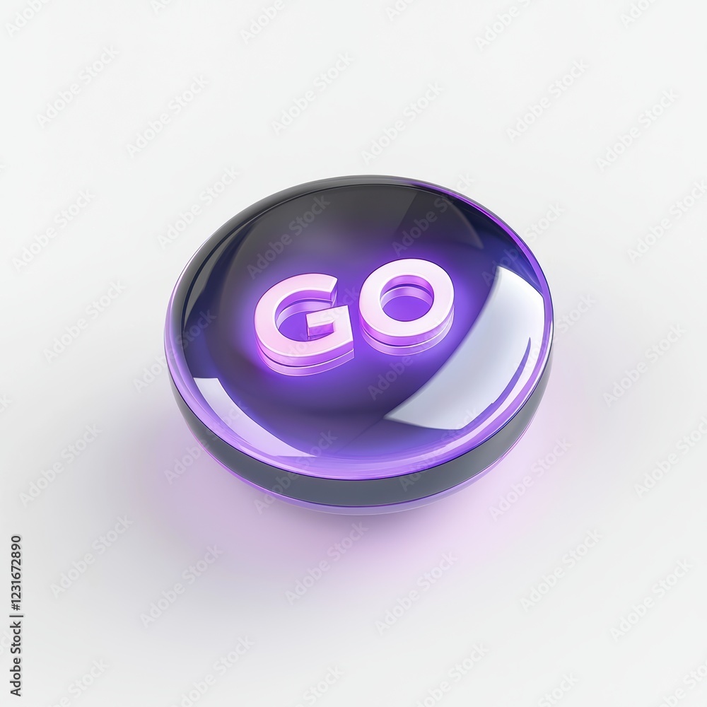 High-tech holographic GO button floating in the air, centered on a clean white background High-tech holographic GO button floating in the air, centered on a clean white background