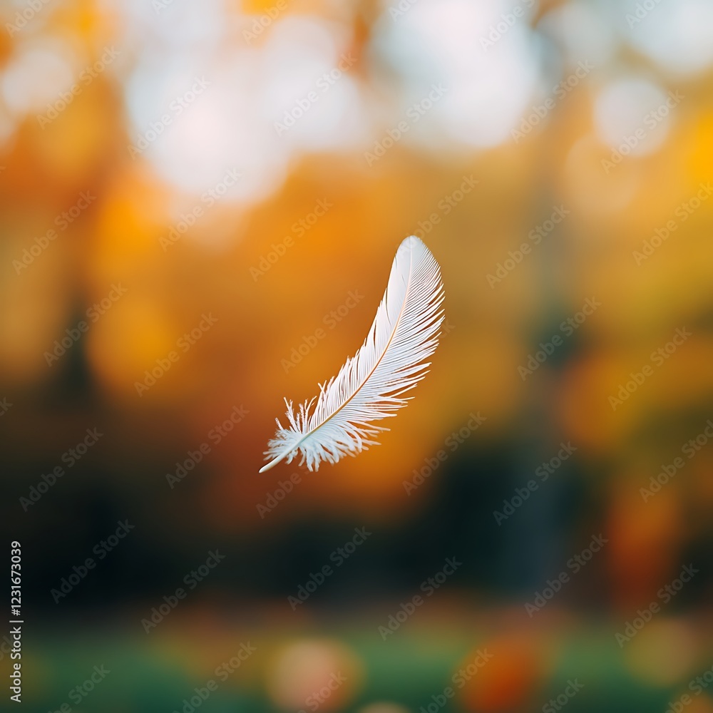 White feather floats, autumn park, bokeh background, nature design White feather floats, autumn park, bokeh background, nature design