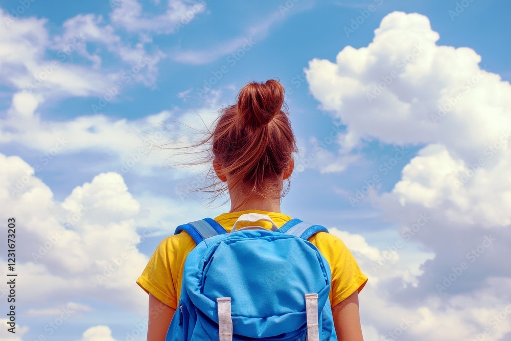 Girl with Backpack Staring at Beautiful Blue Sky with Fluffy White Clouds in Daylight, Dreaming of Adventure and Possibilities Under Bright Sunlight Girl with Backpack Staring at Beautiful Blue Sky with Fluffy White Clouds in Daylight, Dreaming of Adventure and Possibilities Under Bright Sunlight