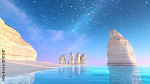 Serene Seascape Coastal Cliffs and Starry Night Sky at Twilight Tranquil Beach Scene with Rock Formations