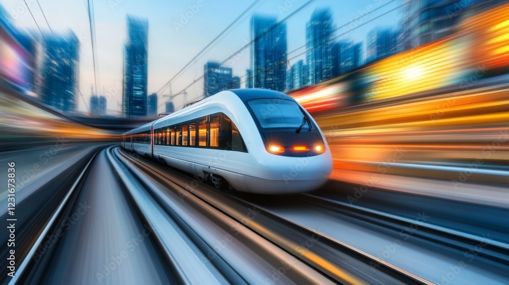 High speed train traveling through a modern city at night Dynamic motion blur showcases speed and urban landscape High speed train traveling through a modern city at night Dynamic motion blur showcases speed and urban landscape