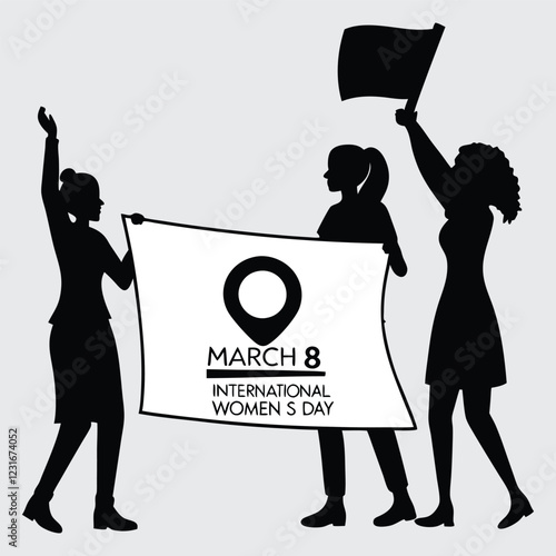 A group of women holding up a banner reading "March 8 – International Women’s Day". silhouette image vector art and illustration