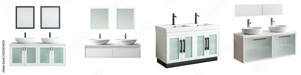 Elegant and minimalist double vanity with modern bathroom cabinets sinks and mirror Featuring high end clean design with white finish contemporary fixtures and ample storage space Elegant and minimalist double vanity with modern bathroom cabinets sinks and mirror Featuring high end clean design with white finish contemporary fixtures and ample storage space