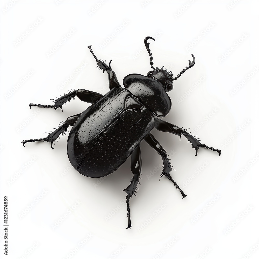 large black beetle with detailed legs and glossy armor, placed on a bright white background large black beetle with detailed legs and glossy armor, placed on a bright white background