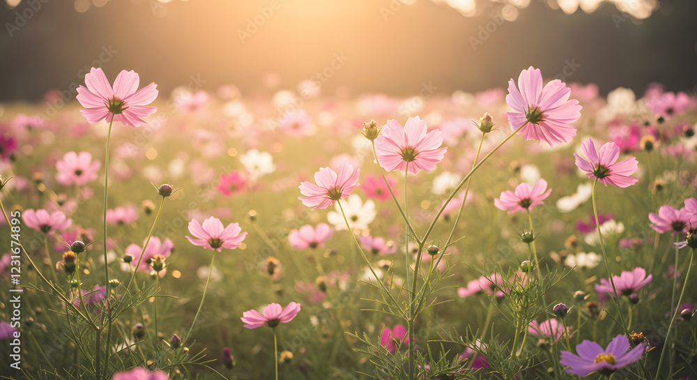 Serene Sunset Cosmos Field A Breathtaking View of Pink and White Flowers Serene Sunset Cosmos Field A Breathtaking View of Pink and White Flowers