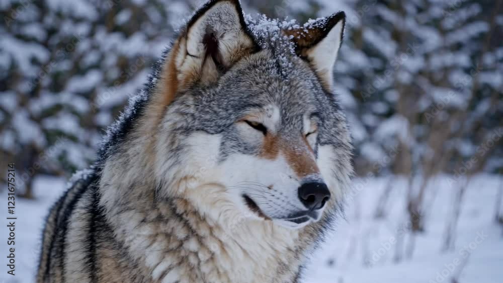 Video captures a lone wolf in a snowy forest, highlighting its natural beauty and majesty. Close-up shot with a low camera angle. Video captures a lone wolf in a snowy forest, highlighting its natural beauty and majesty. Close-up shot with a low camera angle.