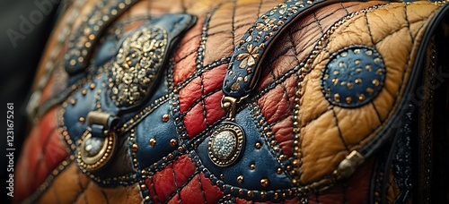 Close Up of a Textured Leather Bag with Blue and Red Patterns and Metal Studs

