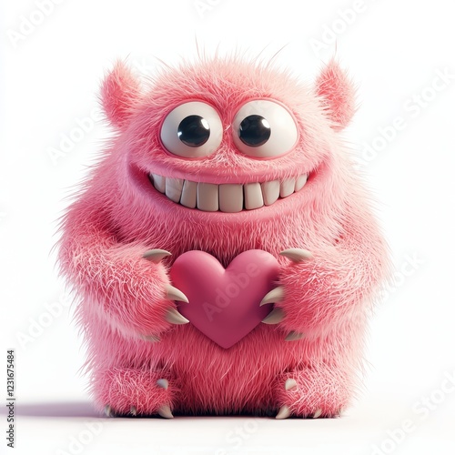 Huggable pink monster with big, soft paws and a heart nose, placed on a bright white background