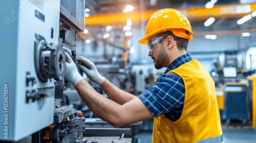 Male Industrial Worker in Safety Gear Operating Heavy Machinery in a Modern Factory He is carefully adjusting a large machine