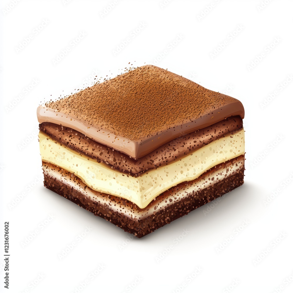 Layered tiramisu cake with cocoa powder and espresso flavor, placed on a bright white background