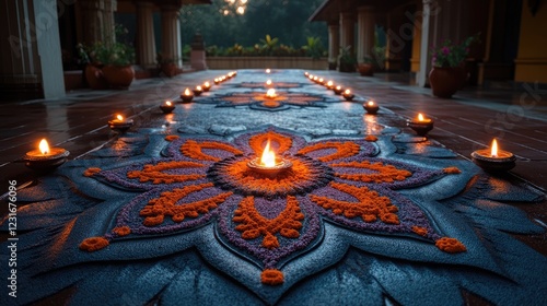 Diwali decoration with rangoli and diya candles at an Indian home entrance photo