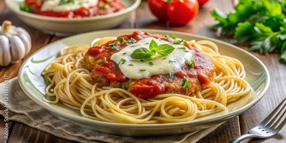 Delicious Spaghetti with Tomato Sauce and Mozzarella Cheese Garnish Delicious Spaghetti with Tomato Sauce and Mozzarella Cheese Garnish
