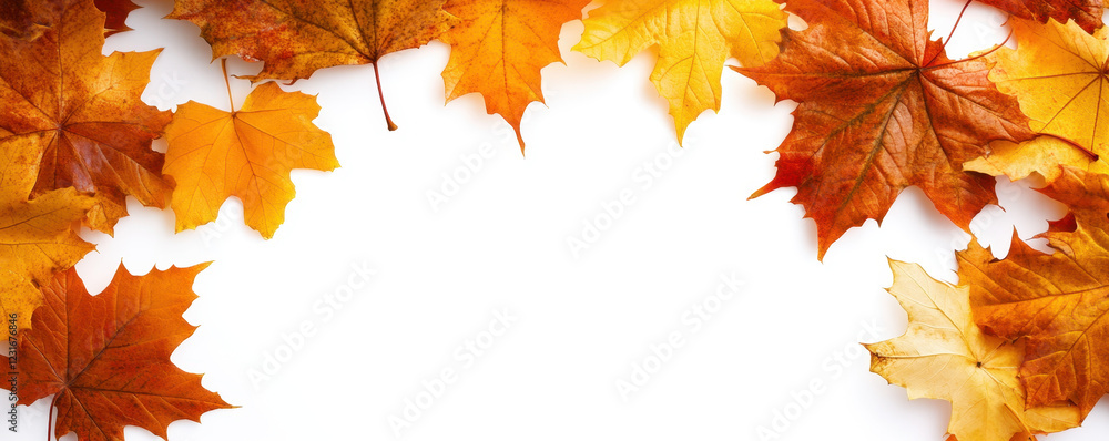 Autumn leaves in vibrant orange and yellow hues frame white background, creating warm and inviting atmosphere perfect for seasonal themes Autumn leaves in vibrant orange and yellow hues frame white background, creating warm and inviting atmosphere perfect for seasonal themes