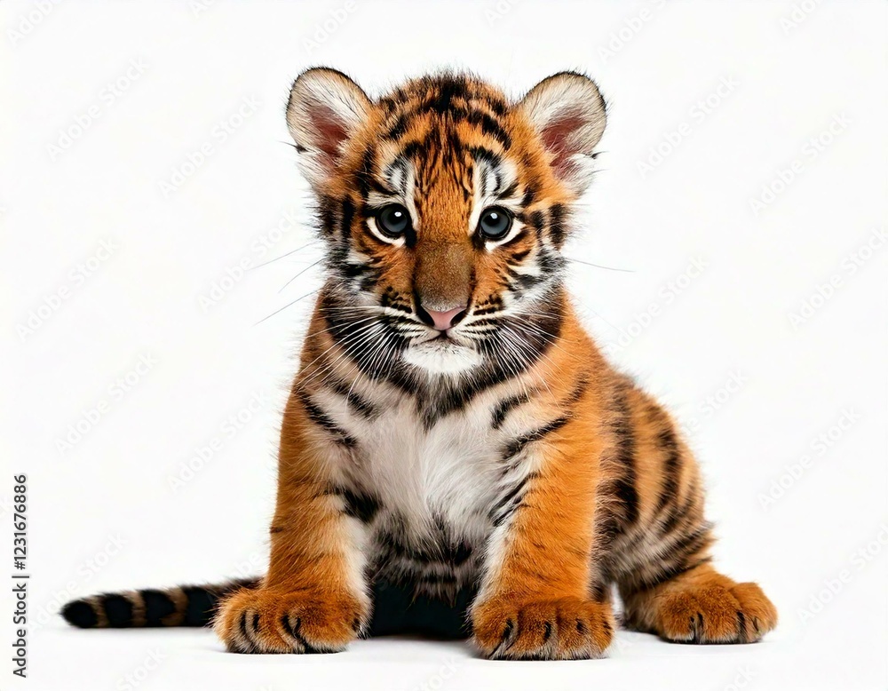 Fototapeta premium Two months old tiger cub sitting against white background
