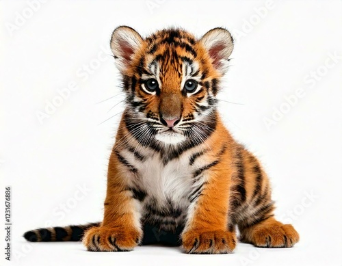 Two months old tiger cub sitting against white background photo