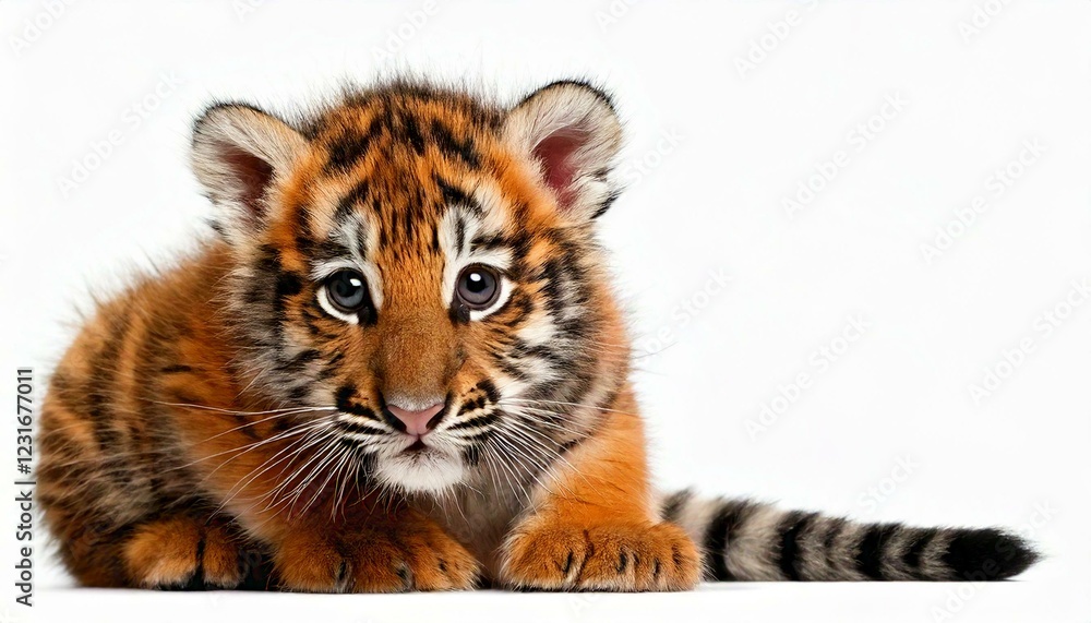 Two months old tiger cub sitting against white background Two months old tiger cub sitting against white background