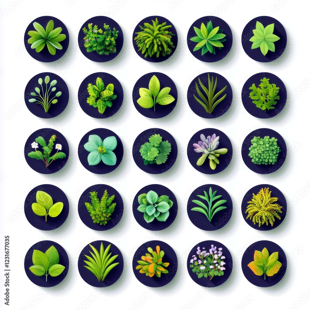 A Collection of Various Green Plants in Circular Icons with a Dark Background for Natural and Botanical Themes