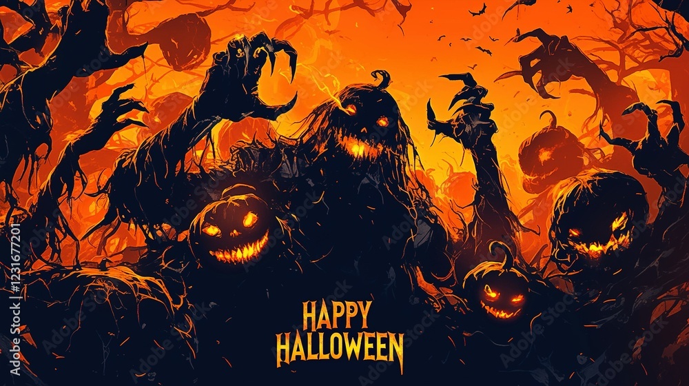 Spooky Halloween Night Jack o lanterns Creepy Figures Spooky Halloween Night Jack o lanterns Creepy Figures