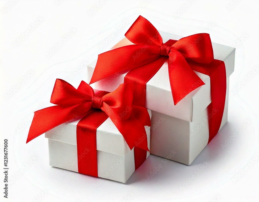 Two White boxs tied with a red satin ribbon bow Isolated on white Two White boxs tied with a red satin ribbon bow Isolated on white