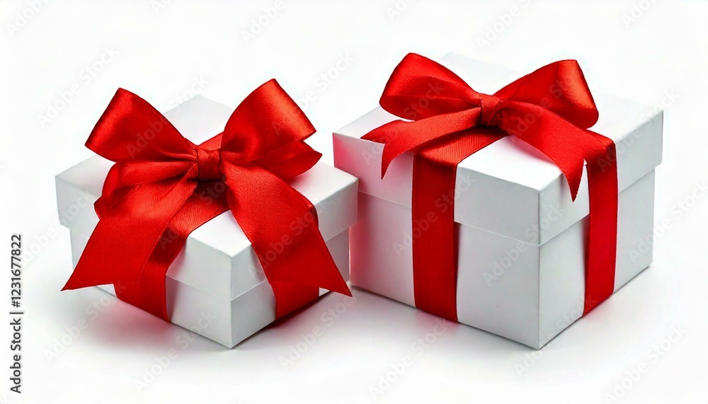 Obraz premium Two White boxs tied with a red satin ribbon bow Isolated on white
