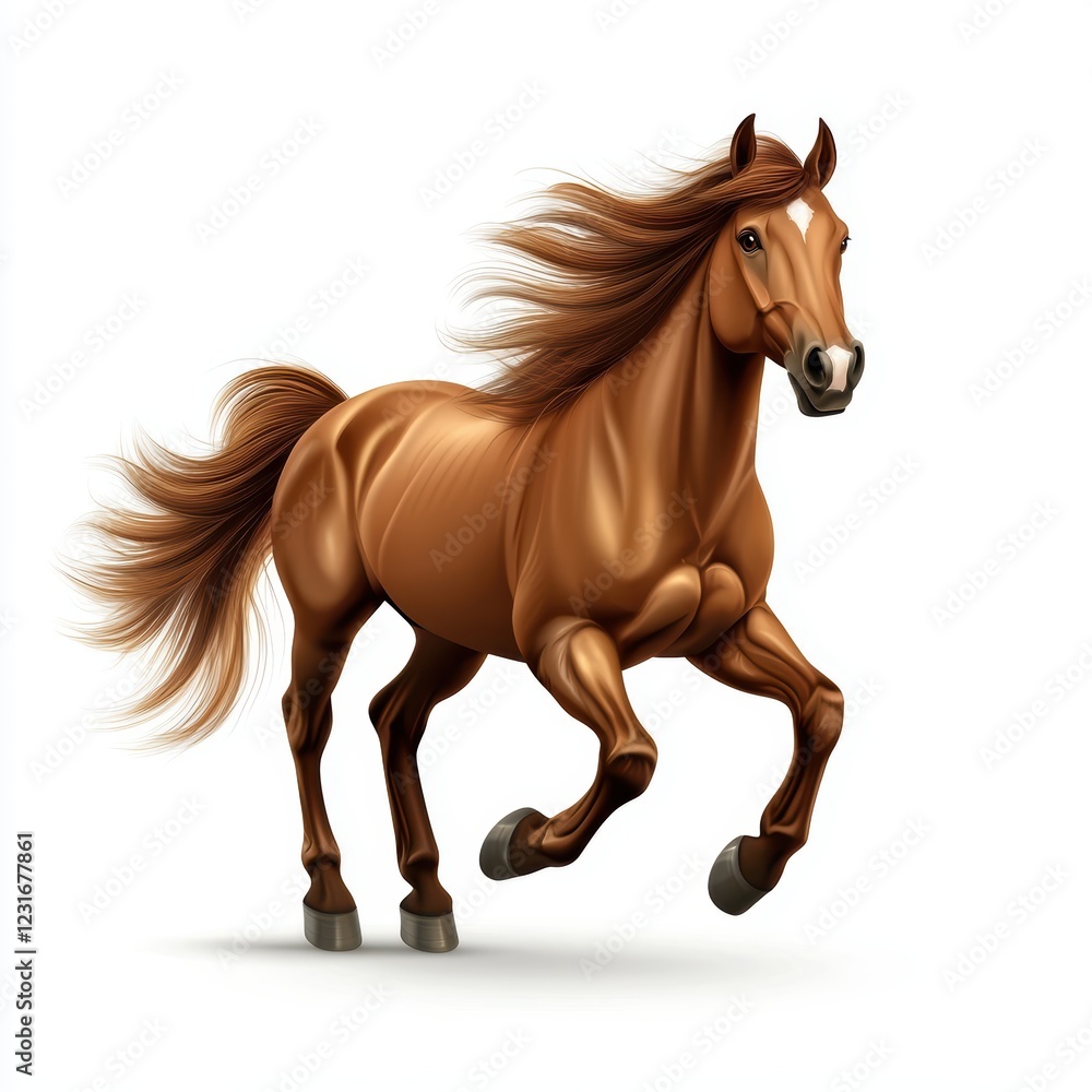 Obraz premium Majestic horse with a shiny brown coat and a flowing mane, isolated on a clean white background