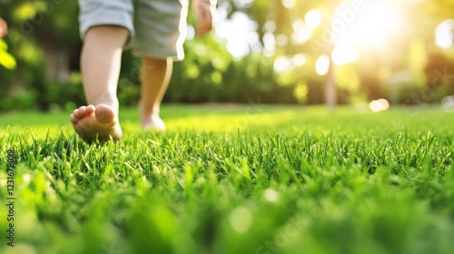 Young child walking barefoot on lush green grass in sunlit park