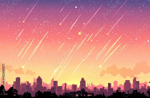 Magical Nightscape with Colorful Meteor Shower Over a Silhouetted City Skyline and Stunning Starry Sky at Dusk photo