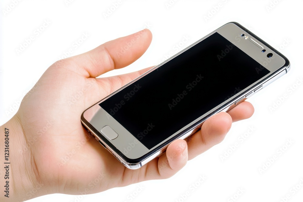 Hand Holding Modern Smartphone with Blank Screen Isolated on White Background for Technology and Mobile Device Concept Hand Holding Modern Smartphone with Blank Screen Isolated on White Background for Technology and Mobile Device Concept