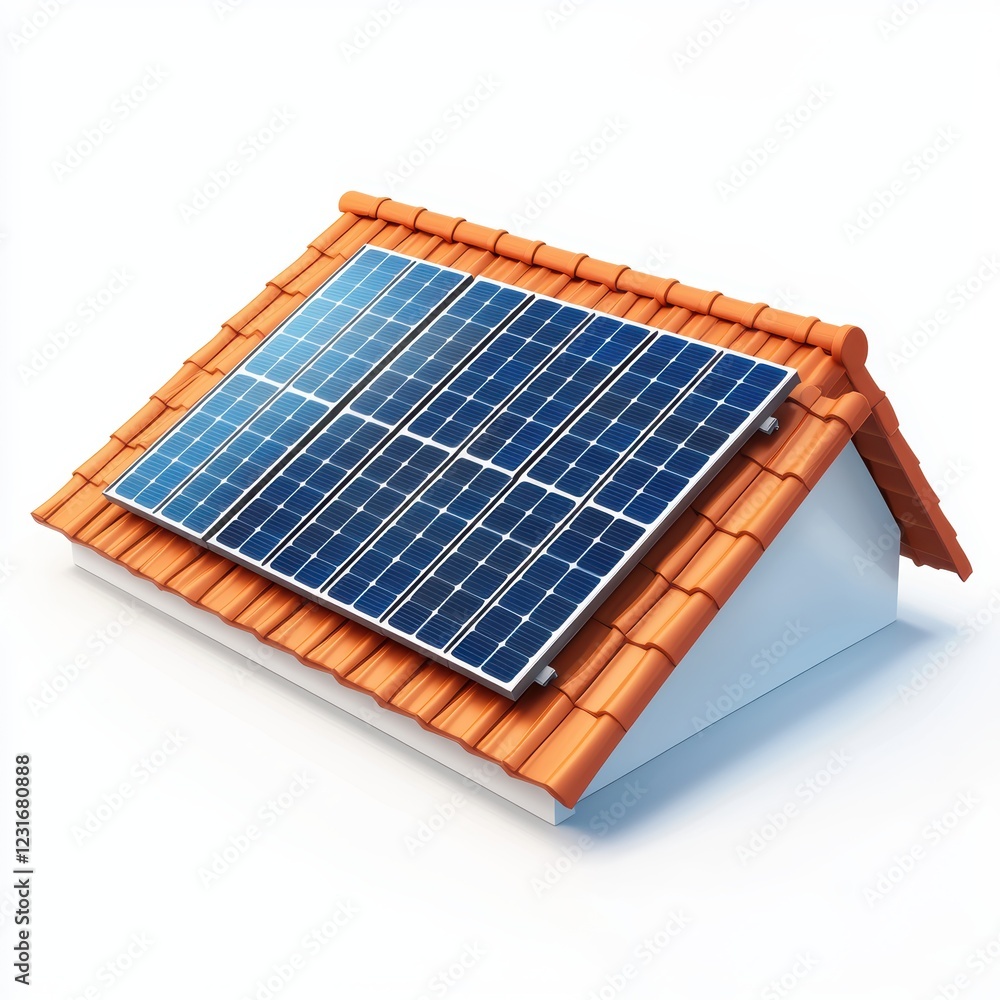 Modern solar panel installed on a house roof, isolated on a clean white background Modern solar panel installed on a house roof, isolated on a clean white background
