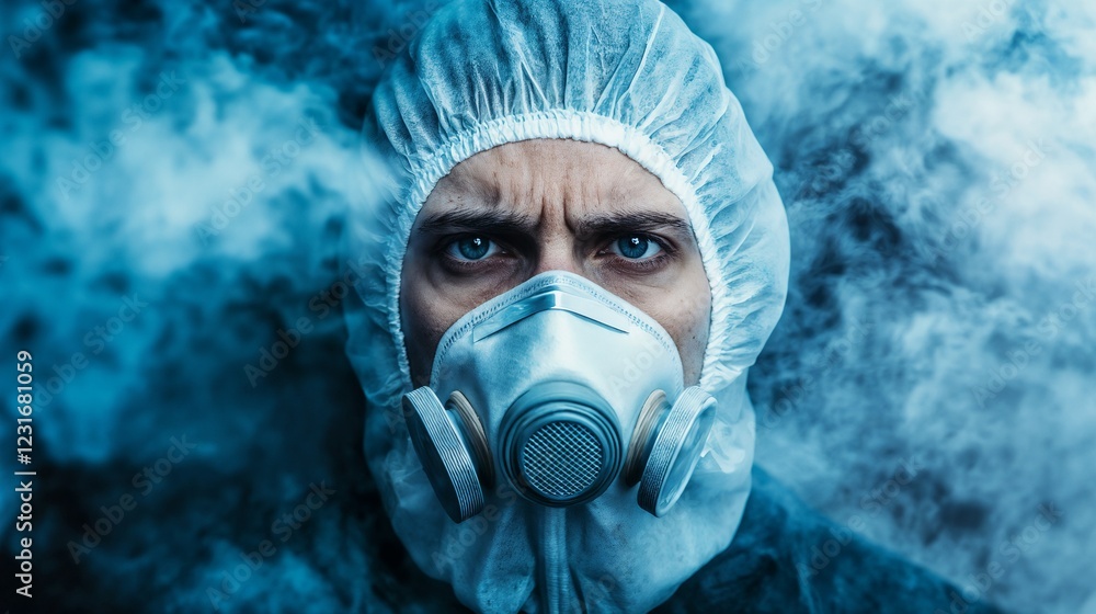 Medical worker in protective equipment with smoke effect. Suitable for healthcare safety and emergency response content. Medical worker in protective equipment with smoke effect. Suitable for healthcare safety and emergency response content.