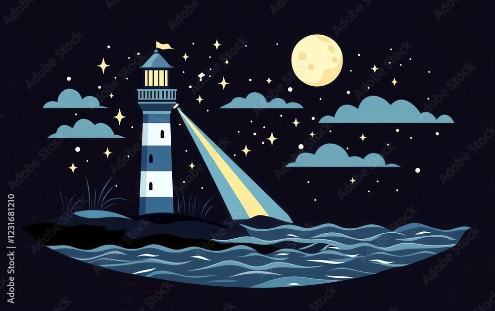 Naklejka premium Serene Nighttime Lighthouse Scene with Bright Moon, Shimmering Stars, and Gentle Waves on a Calm Sea at Dusk