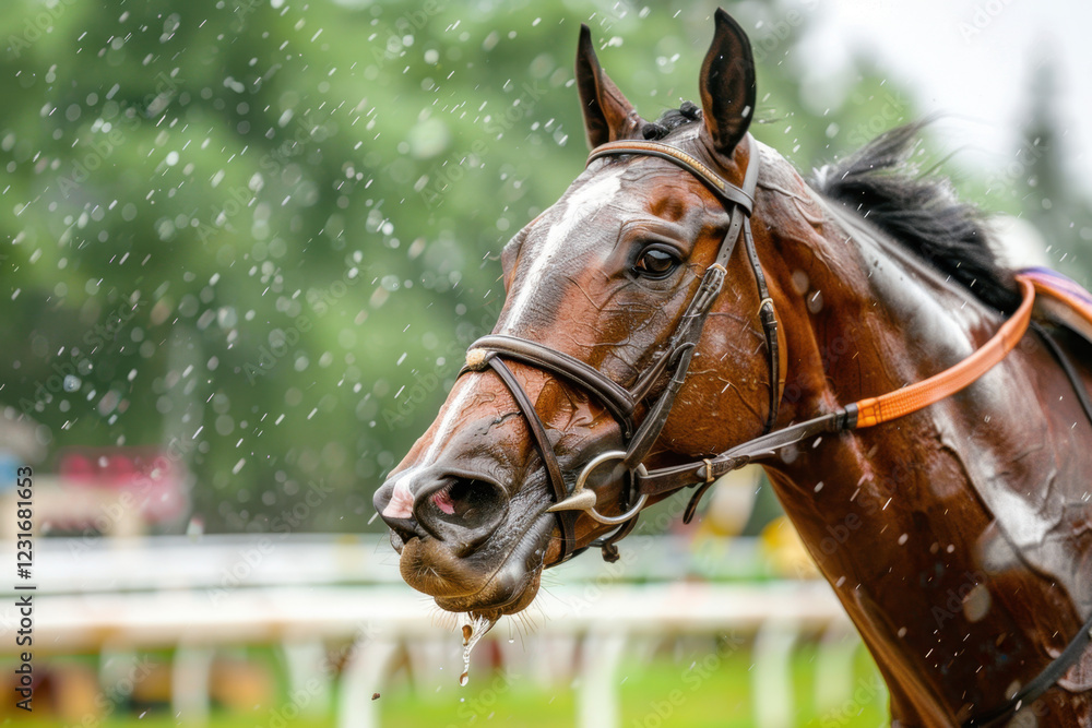 Fototapeta premium Close-up of a brown horse wearing a bridle, captured in the rain with water droplets falling and a blurred green background creating a dynamic outdoor scene. 